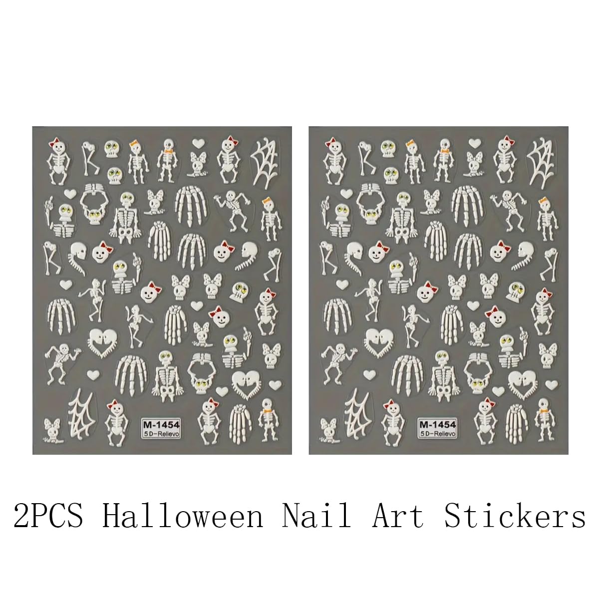 2 Sheets Halloween 5D Embossed Nail Art Stickers - Skeleton, White Skull Nail Stickers with Spider Web Heart Design - Self-Adhesive Horror Decals for Women - Art Supplies and Decorations