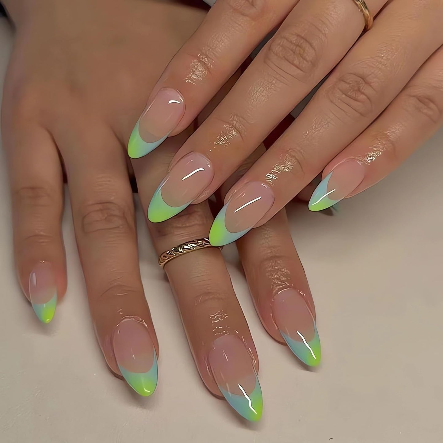 IMSOHOT Almond Press on Nails Medium Green Gradient French Tips Fake Nails with Designs Nude Glossy Full Cover Acrylic False Nails Glue on Nails for Women 24Pcs