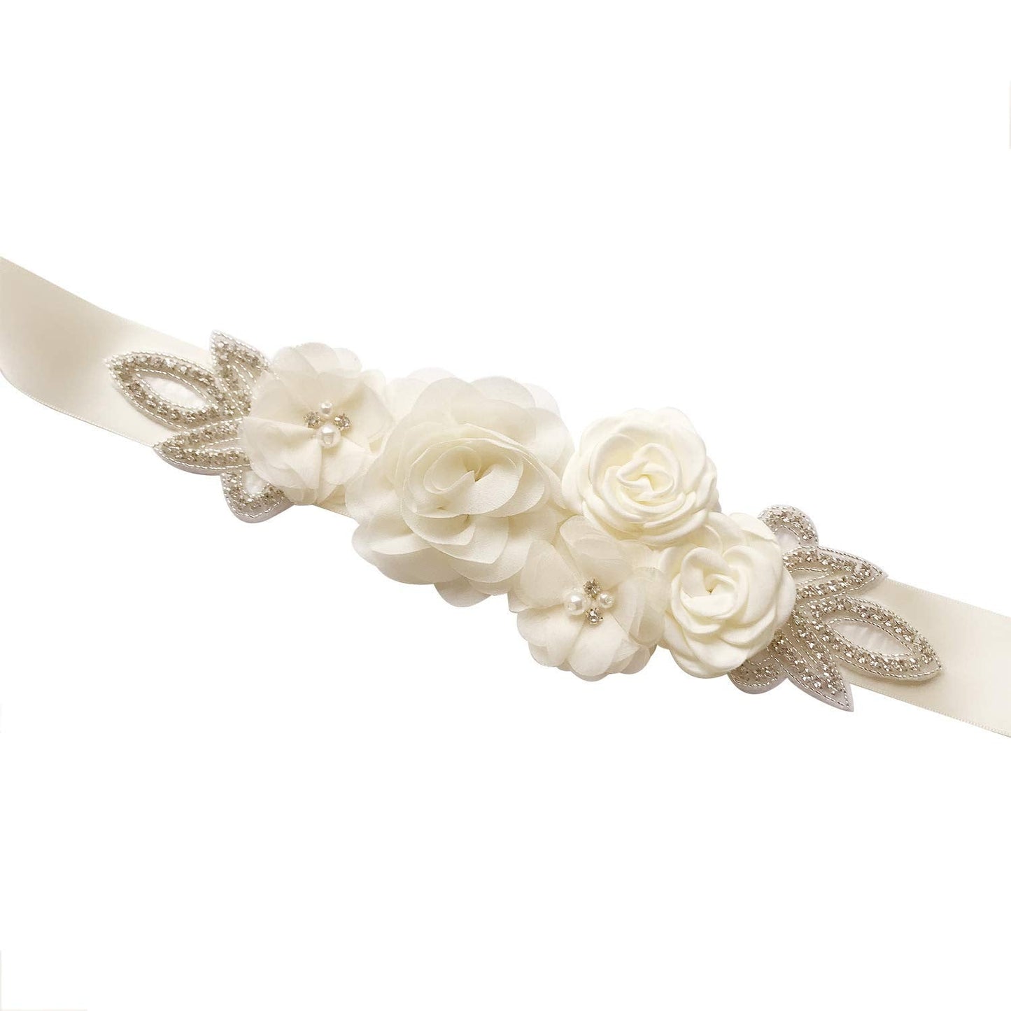 Sash Belt with Flowers Pearls Rhinestone for Wedding Bride/Maternity Baby Shower Dress Bridesmaid Sash,Ivory