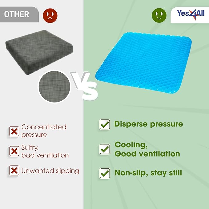 Yes4All Cooling Gel Seat Cushion for Long Sitting, 2 Silk Non-Slip Magnet Covers, Large Thick Breathable Wheelchair/Car/Office Chair Cushions