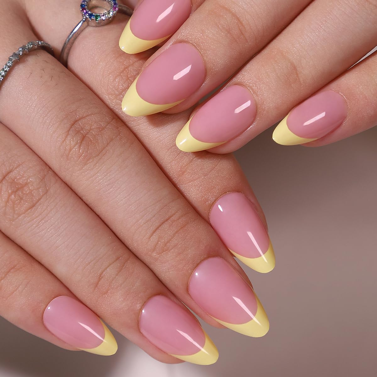 6 Packs (144 Pcs) French Tip Press on Nails Medium Almond Fake Nails 6 Color French Tip False Nails Full Cover Glossy Acrylic Stick on Nail for Women Manicure