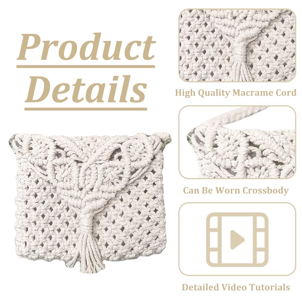 WEBEEDY DIY Macrame Bag Kit Boho Macrame Shoulder Bag Making Kit Crochet Bag Kit with Instruction for Adults Beginners,Handmade Knotting Handbag Macrame Kit for Women Holiday Beach Decor(Beige)
