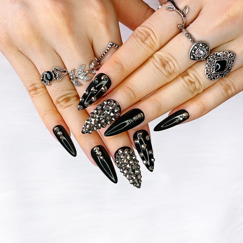 Morily Press-On Nails Bundle | Black Stiletto Matte & Black Stiletto Glossy Crystal | 24Pcs Each Set, Medium Length Long False Fake Nails