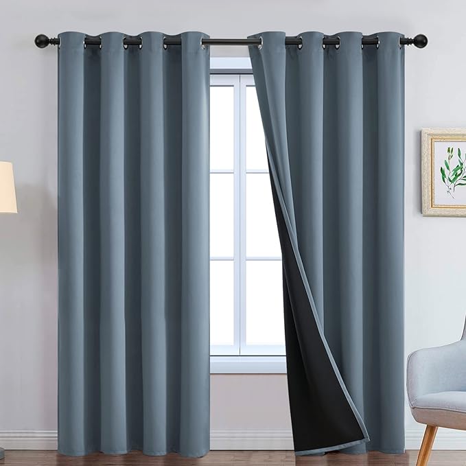 Yakamok Full Blackout Curtains 96 Inches Long,Blackout Curtain Panels for Bedroom, 2 Thick Layers Grommet Top Thermal Insulated Drapes with Black Liner for Living Room(Stone Blue, Set of 2)