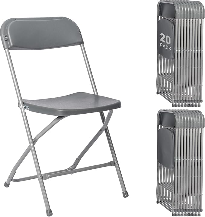 20 Pack Plastic Grey Folding Chairs,Portable Party Chairs Stackable Commercial Seats with Steel Frame for Office Home Outdoor Indoor Wedding Party Patio Dinning Events,350lbs Capacity