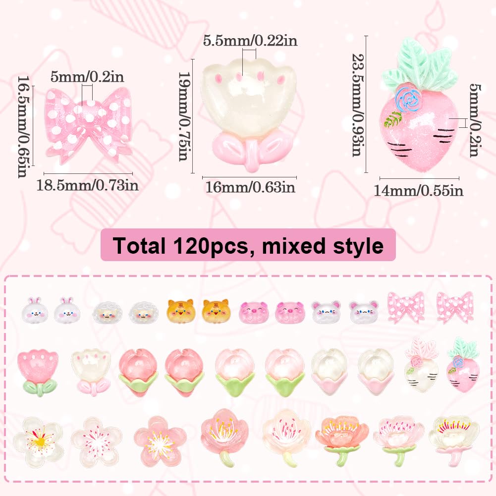 SOFPLATE 120Pcs 7 Styles Pink Candy Charms Resin Flat Back Cabochons Cute Embellishments DIY 3D Kawaii Resin Flatback Decoden Cabochons Cell Phone Case for for DIY Crafts Ornament Scrapbooking