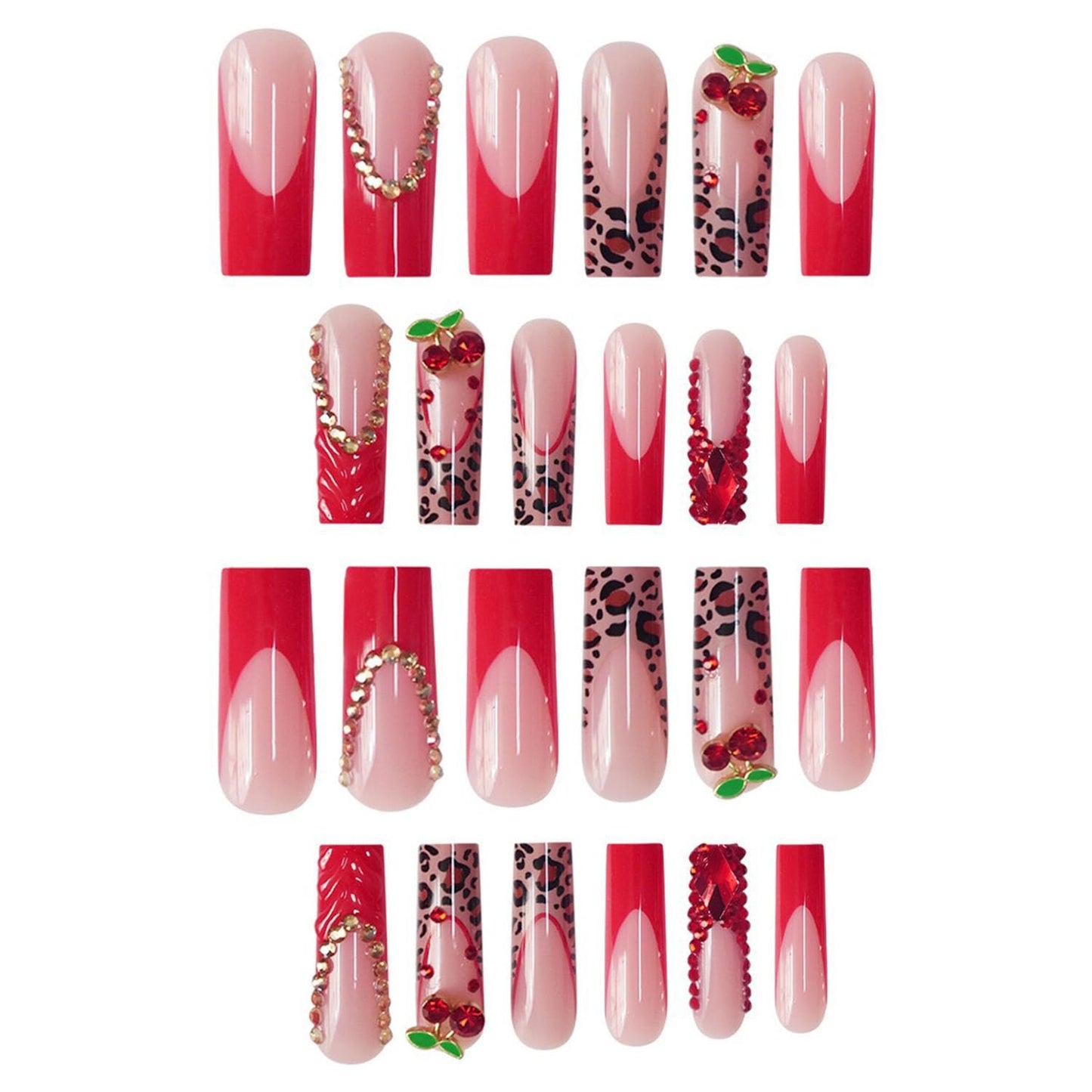 FIEONCIY Press on Nails Coffin Long Length Acrylic Glossy Full Cover Square Shaped French False Nails with Designs Artificial Extra Long Fake Nails with Charms Glue ons Fingernails for Women(AA132)