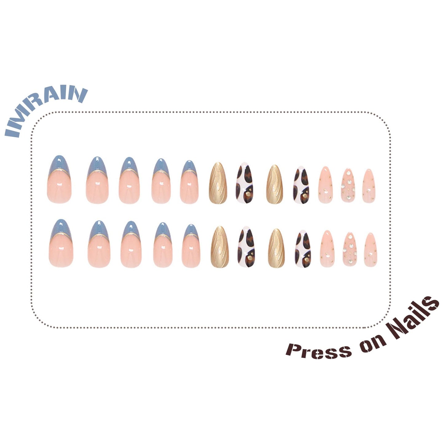IMRAIN Medium Almond Press on Nails - Golden Chrome & Amber Pattern Designs, French Tip Handmade Glossy Glue on Acrylic Fake Nails Full Cover Fall False Nails for Women 24Pcs