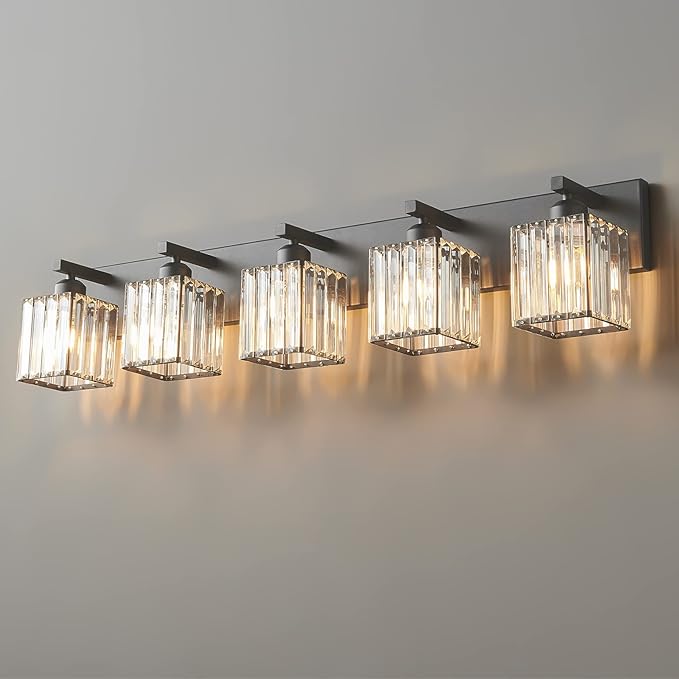 FDPBY Modern Black Crystal Bathroom Vanity Light - 5-Lights Wall Light Fixtures