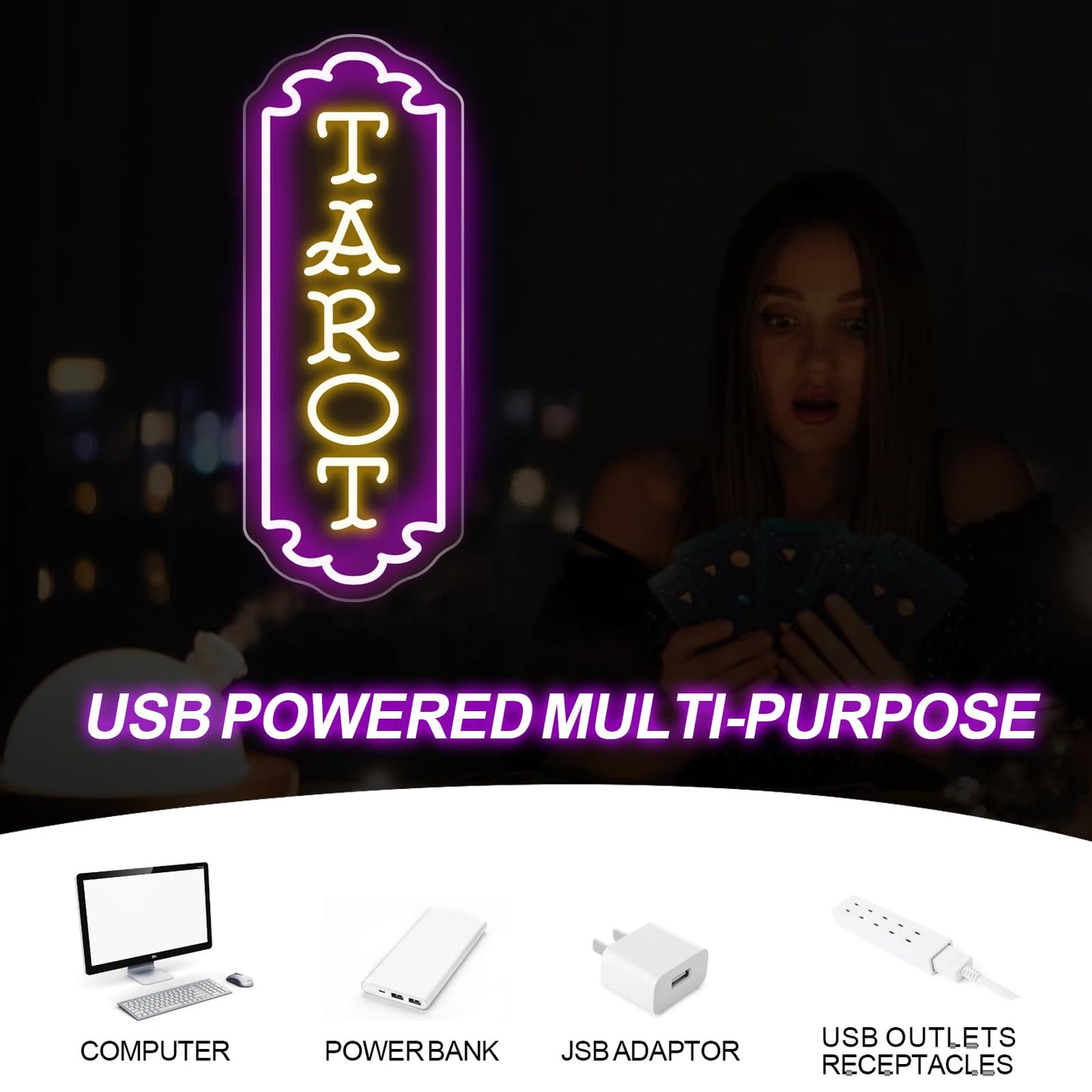 Tarot Neon Sign - 5-Level Dimmable USB Tarot Wall Decor & Psychic Decor, Perfect Mystical Neon Wall Art for Spiritual Spaces, Shops, Bedrooms, Living Room, Game Room