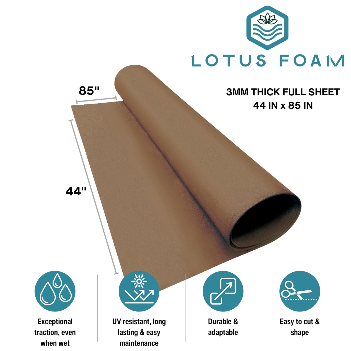 LotusFoam EVA Foam Sheet 3mm – 44"x 85" Craft Foam for Cosplay, Costumes & DIY, High Density 130 kg/m3, Heat Shapeable, Paintable, 35 Colors (Pecan) - Pecan
