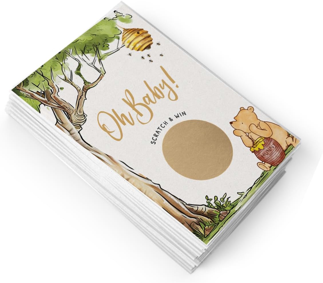 Printed Party Winnie Baby Shower Games – Scratch Off Game with Classic Pooh Theme, Gender Neutral for Boy or Girl, 30 Cards & Stickers