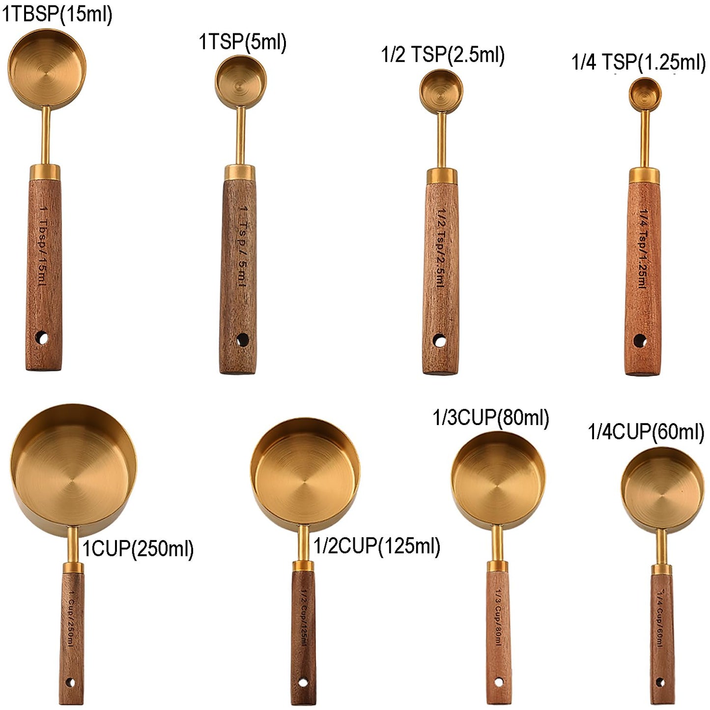 Dadamong Measuring Cups and Spoons Set of 8, Stainless Steel Gold Measuring Cups Kit with Wooden Handle, Kitchen Cooking Baking Spoons Tool Set for Solid and Liquid Iingredients