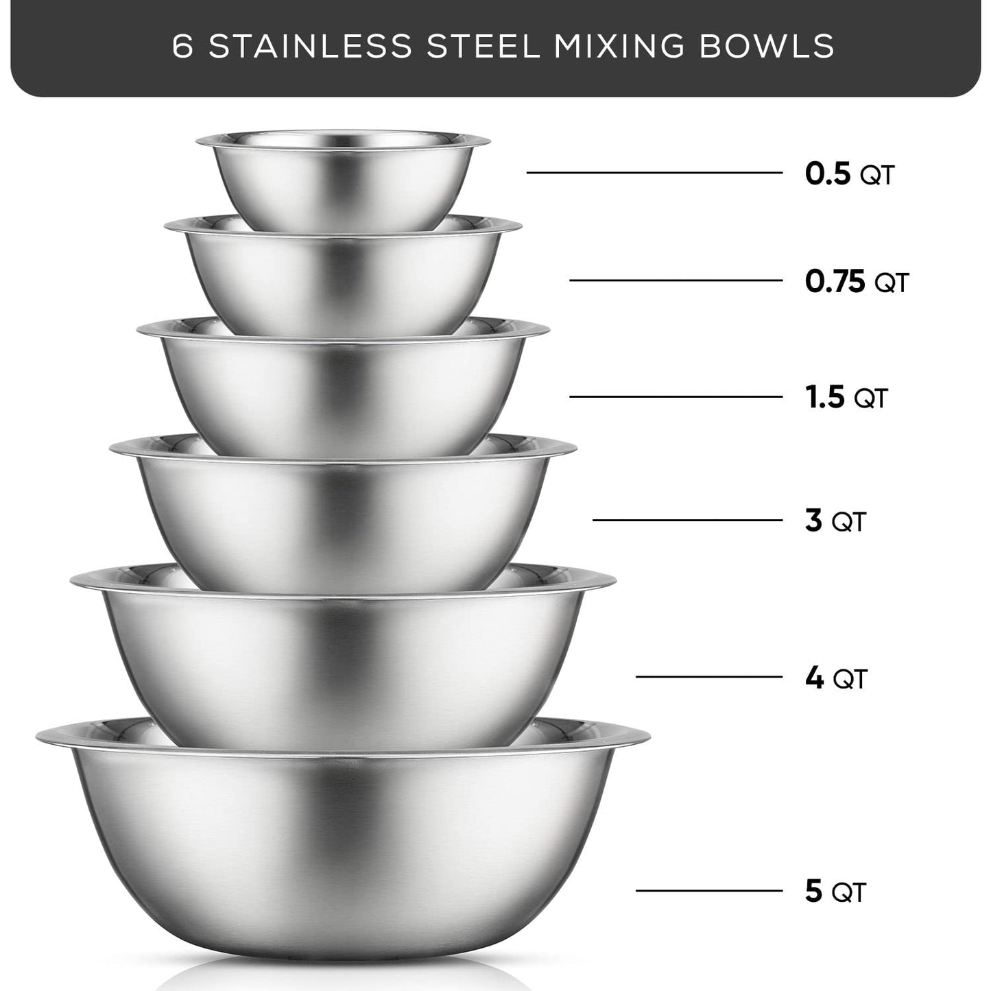 JoyJolt Stainless Steel Mixing Bowl Set - 6 Piece Nesting Bowls, 5qt to 0.5qt, Ideal for Kitchen, Cooking, Baking and Storage
