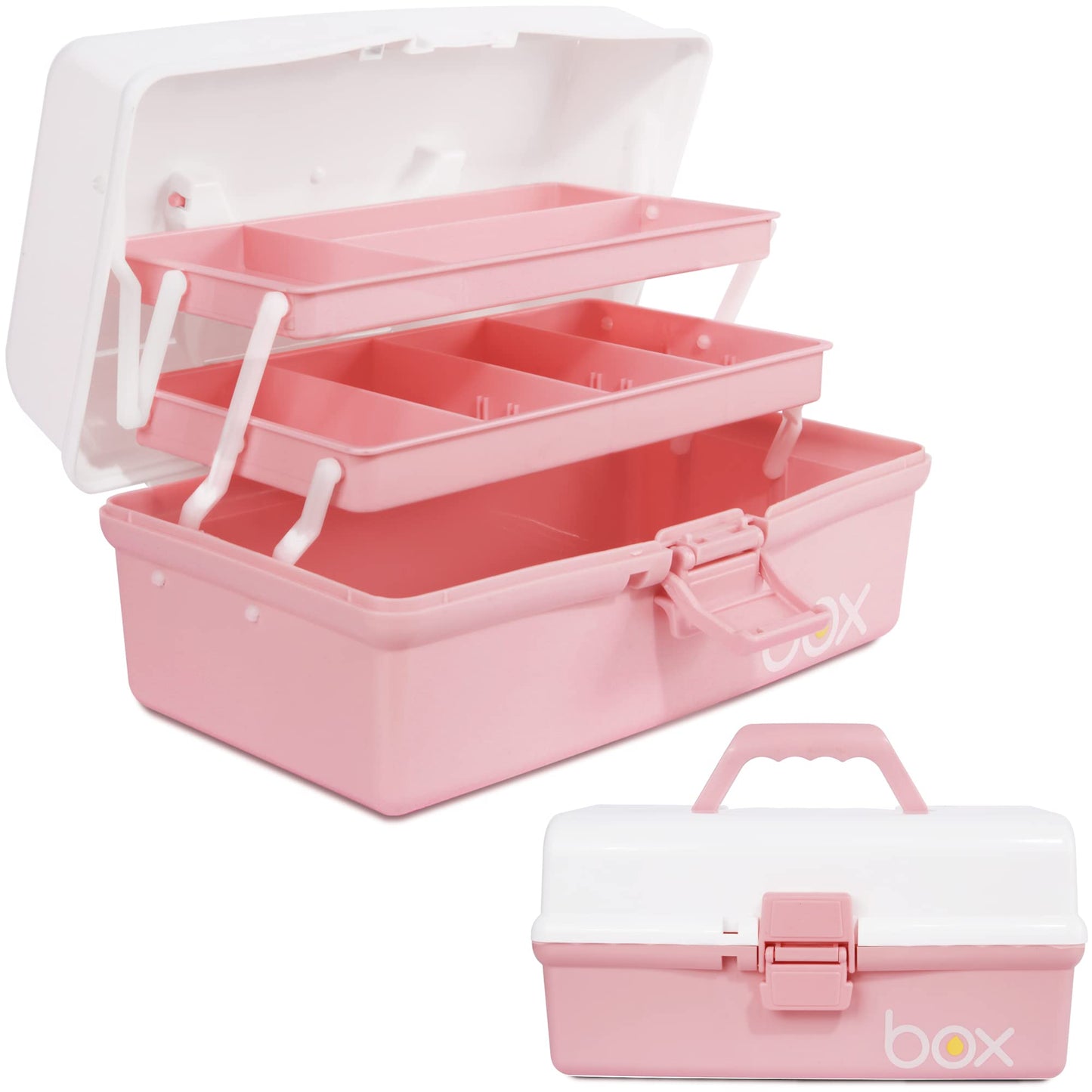 TERGOO 12in 3-Layer Plastic Craft Organizers and Storage, Portable Folding Tackle Box with Handle & Adjustable Dividers, Multipurpose Case for Sewing, Art Supplies, Medicine, Tools (White Pink)