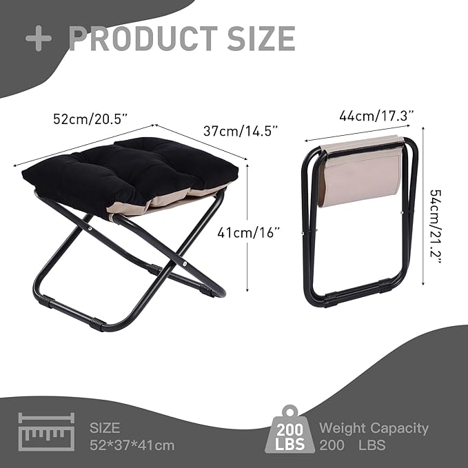 LITA Folding Footrest Stool, Portable Ottoman Foot Rest, Upholstered Small Foldable Ottoman with Detachable Thick Cotton Cushion Padded Sofa Stool for Living Room, Bedroom, Velvet Black Set