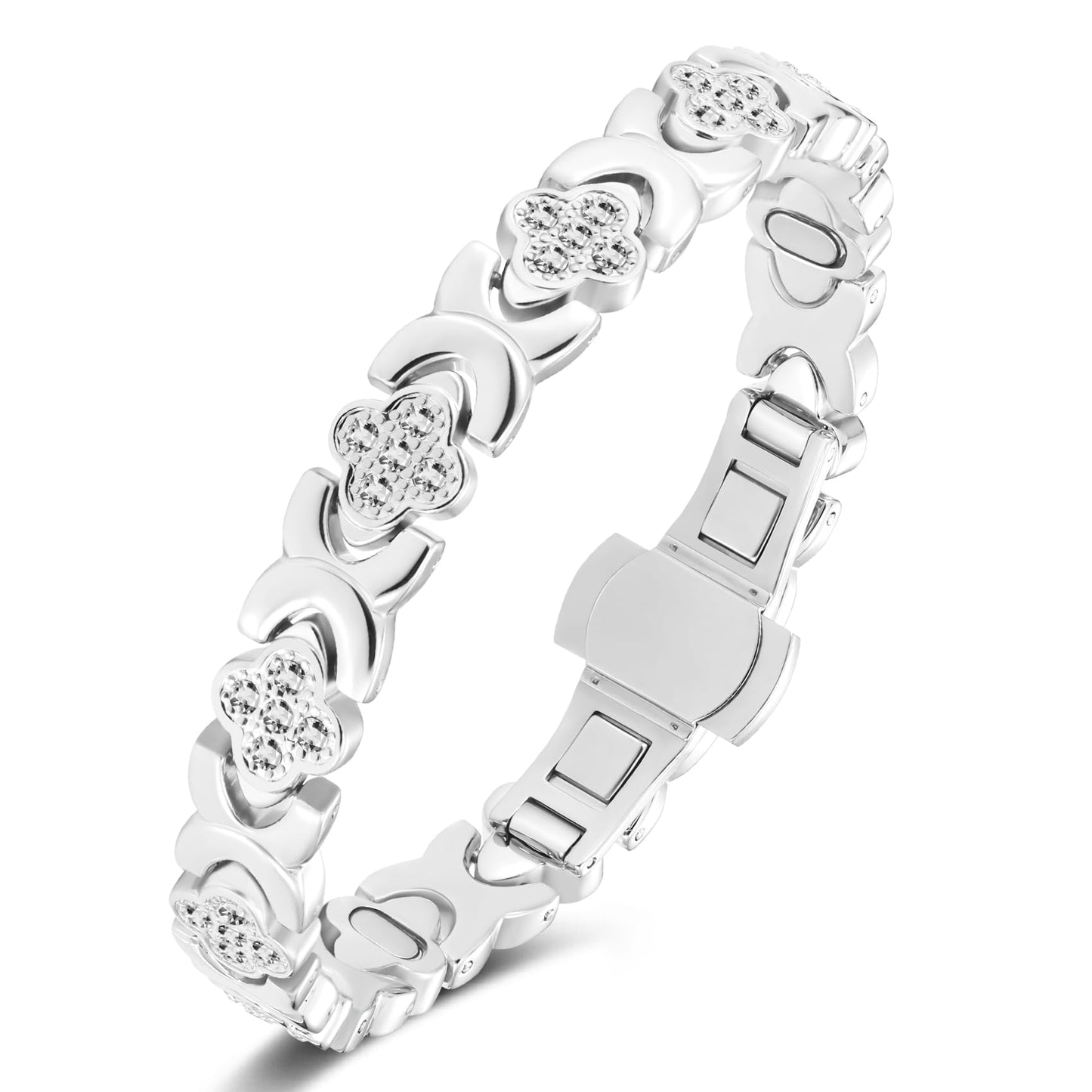 Jecanori 5X Strength Magnetic Copper Bracelet for Women —Updated 5,000 Gauss Ellipse Magnets — Premium Butterfly Clasp & Adjustable Length,Silver Four-Leaf Clover