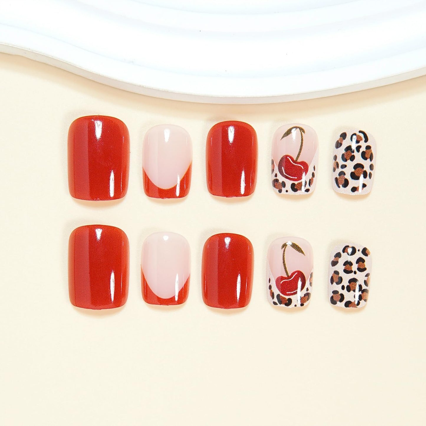 Vopintpy Cherry Red Press on Nails Short Square Fake Nails with Design Glossy Acrylic Glue on Nail Reusable Full Cover Artificial Stick on Nail for Women DIY Manicure