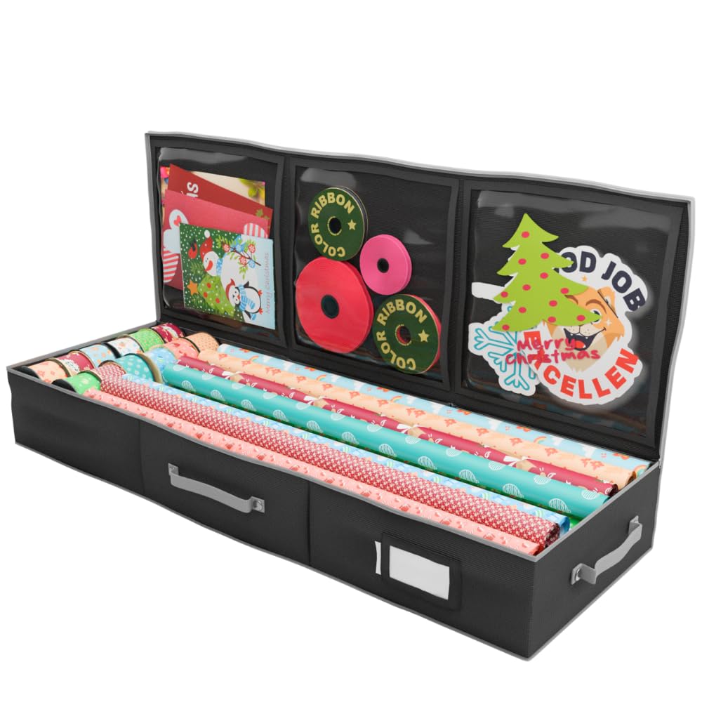 Primode Wrapping Paper Storage Container | Gift Wrap Organizer Under Bed | 41”x14”x6” | Box Holder for 18-24 Rolls Up to 40” | 600D Oxford Material | Pockets for Ribbon, Bows, and Accessories (Black)