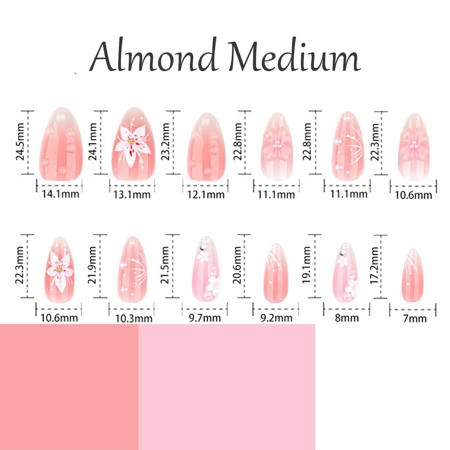 Pink Nude Cherry Blossom Press on Nails, Medium Almond Handmade 3D Flower Fake Nails with Pearl & Rhinestone Designs, Reusable Cute Stick on Nails Spring False Nails for Women 24Pcs
