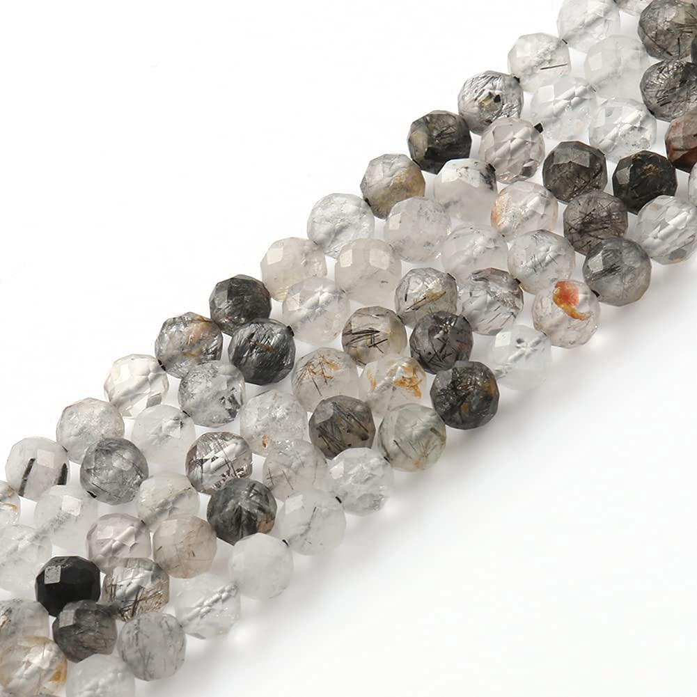 Song Xi 120pcs 3mm Natural Black Rutilated Quartz Gemstone Beads Faceted Round Loose Stone Beads for Jewelry Making (1 Strand)