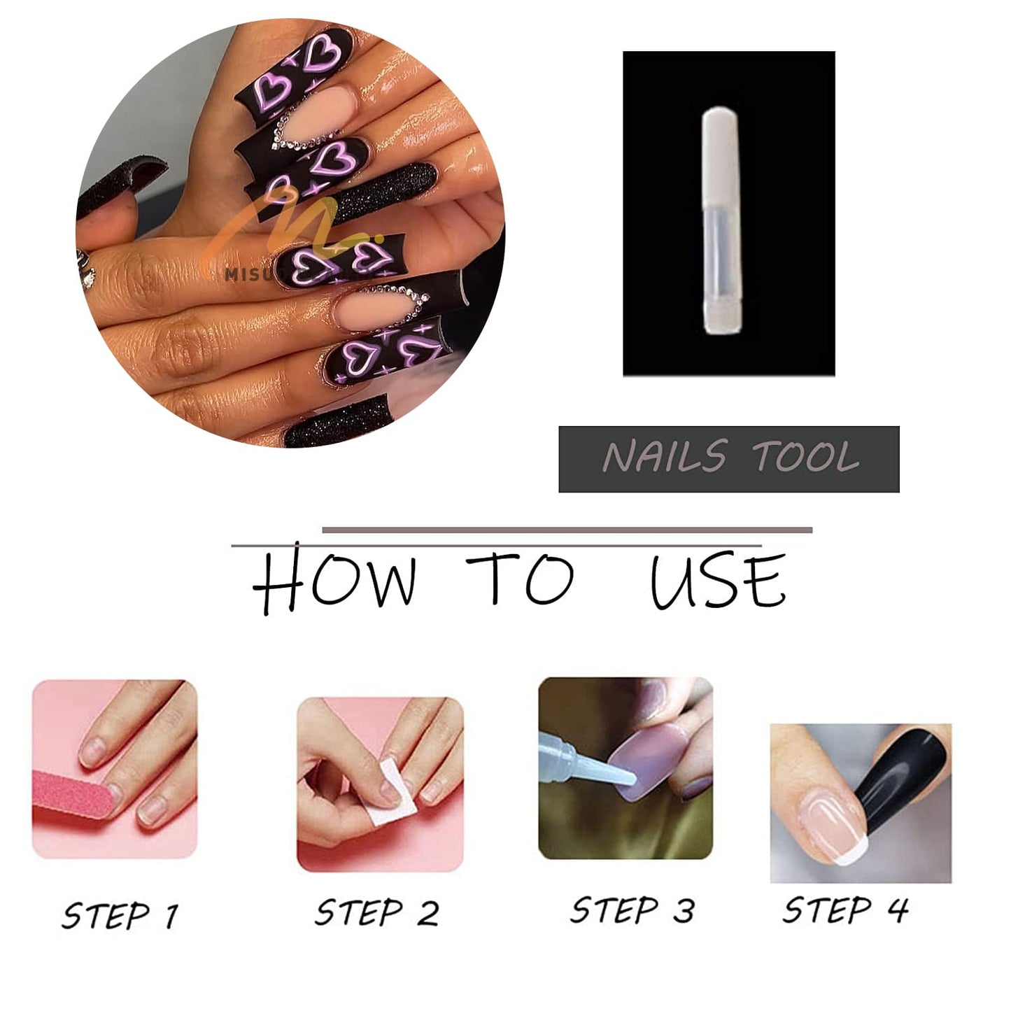 MISUD Press on Nails - Long Square Fake Nails with Matte Black, Acrylic Bling Glitter Design 24 pcs