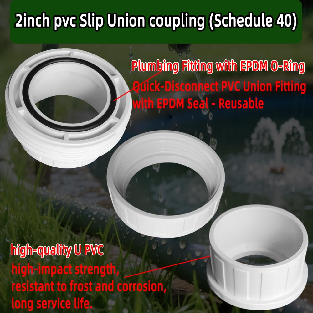 2pcs 2" PVC Union Coupling Pipe Fitting,(Socket x Socket) Schedule 40,Plumbing Fitting with EPDM O-Ring, White,Quick-Connect Slip Union Adapter Couplings for Farm Irrigation, Garden Watering.