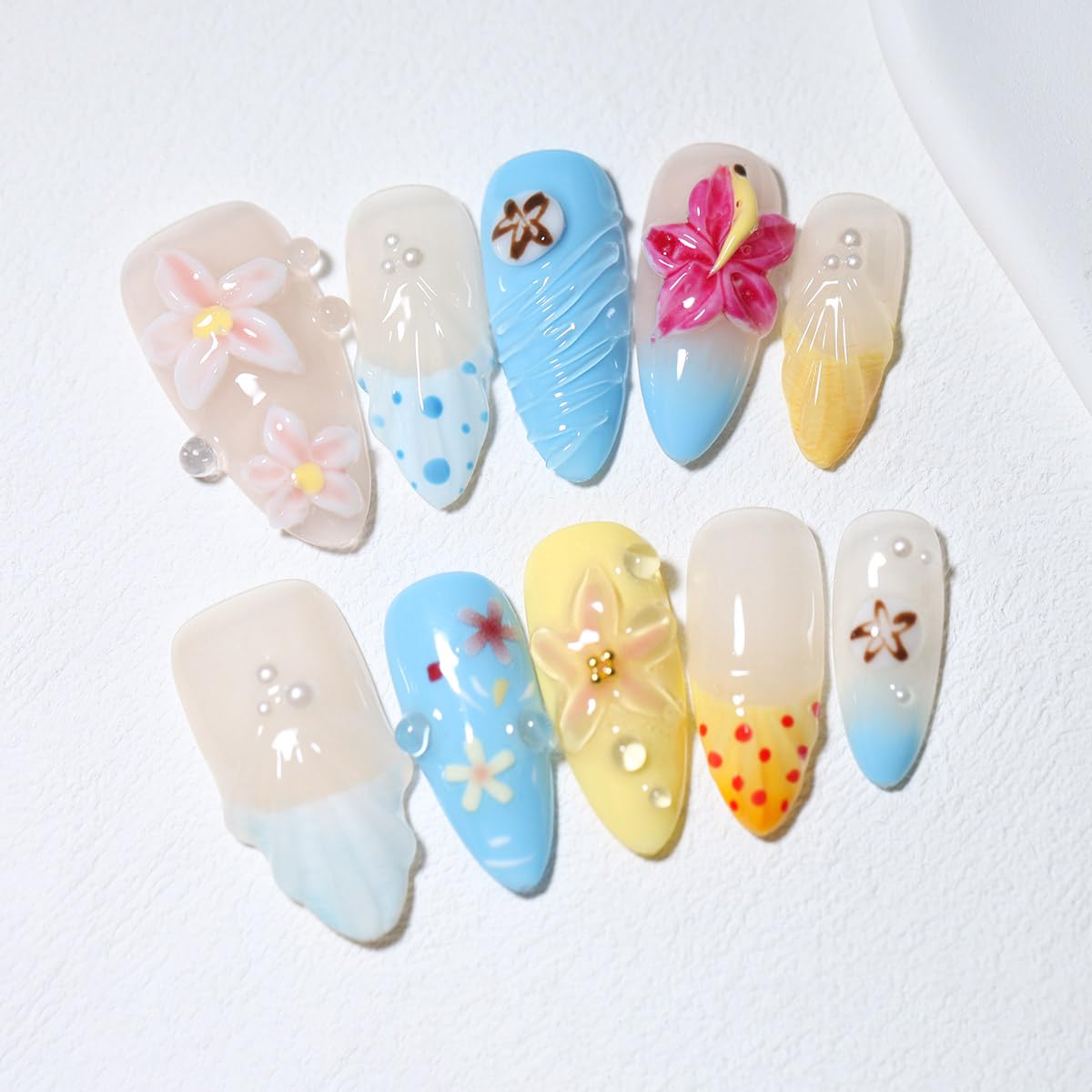 10Pcs Medium Almond Handmade Press On Nails | Easy Apply & Remove, Reusable Salon Quality Nails | Tropical Beach Themed Fake Nails with 3D Floral & Seashell Accents (A009, XS)
