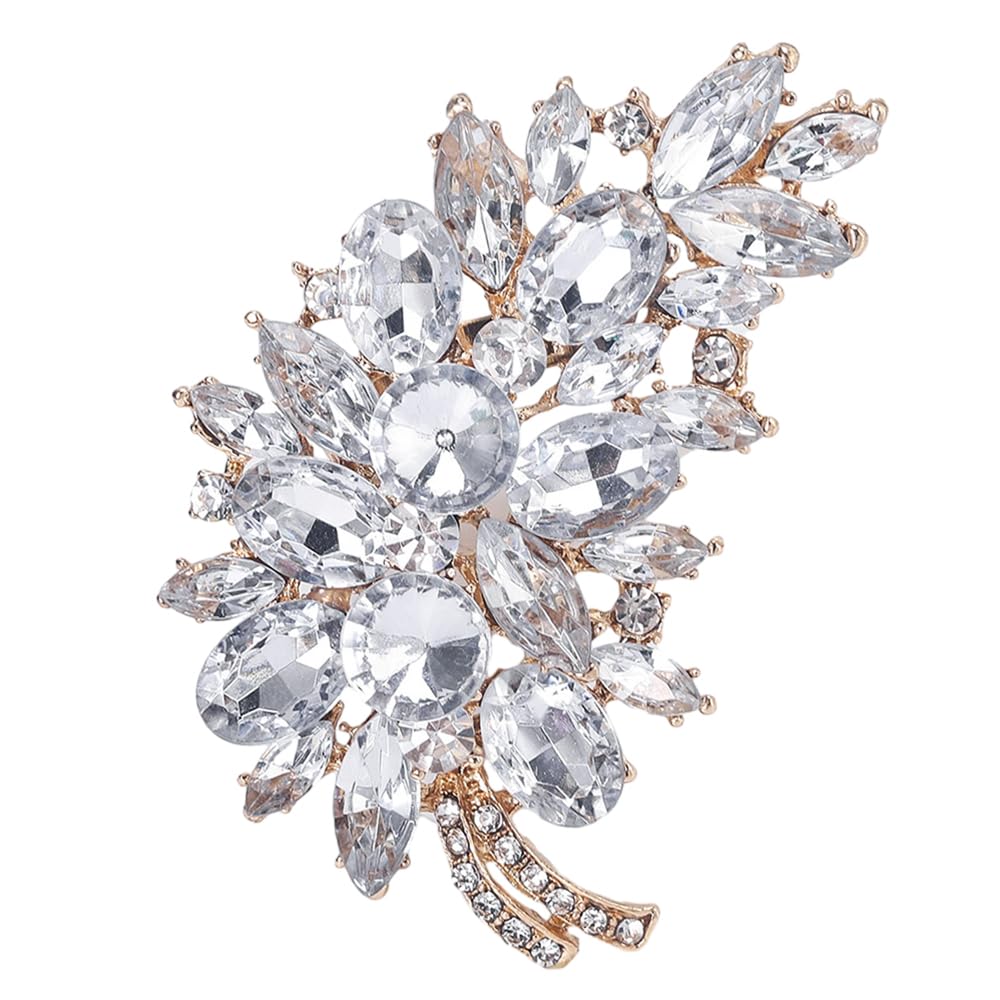 LAXPICOL Vintage Clear Austrian Crystal Flower Leaf Bouquet Clusters Large Big Brooch Pin For Women Wedding Jewelry Gold Tone