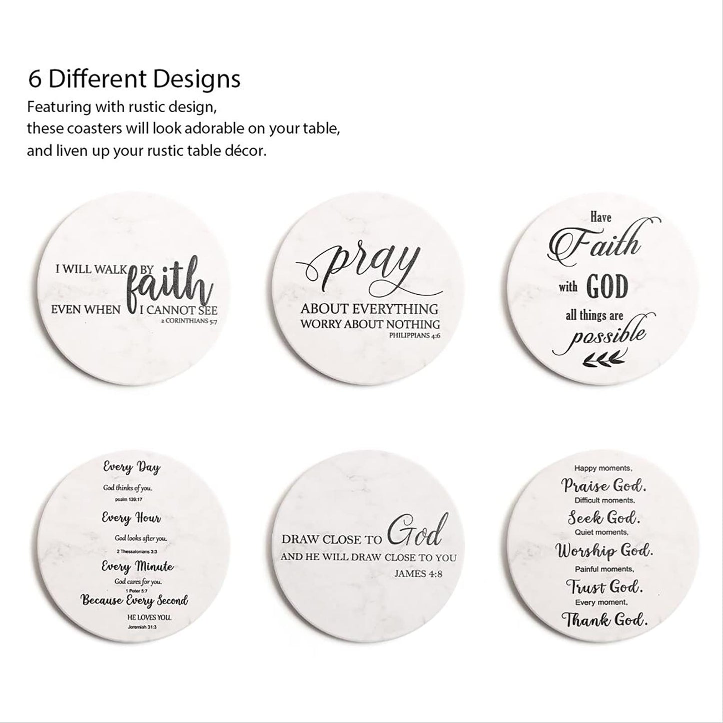 Hoomey Coasters for Drinks with Bible Verses, Set of 6 Absorbent Drinks Coasters with Holder Ceramic Drink Coaster with Cork Backing for Table Protection, Christian Coasters, Christian Gifts