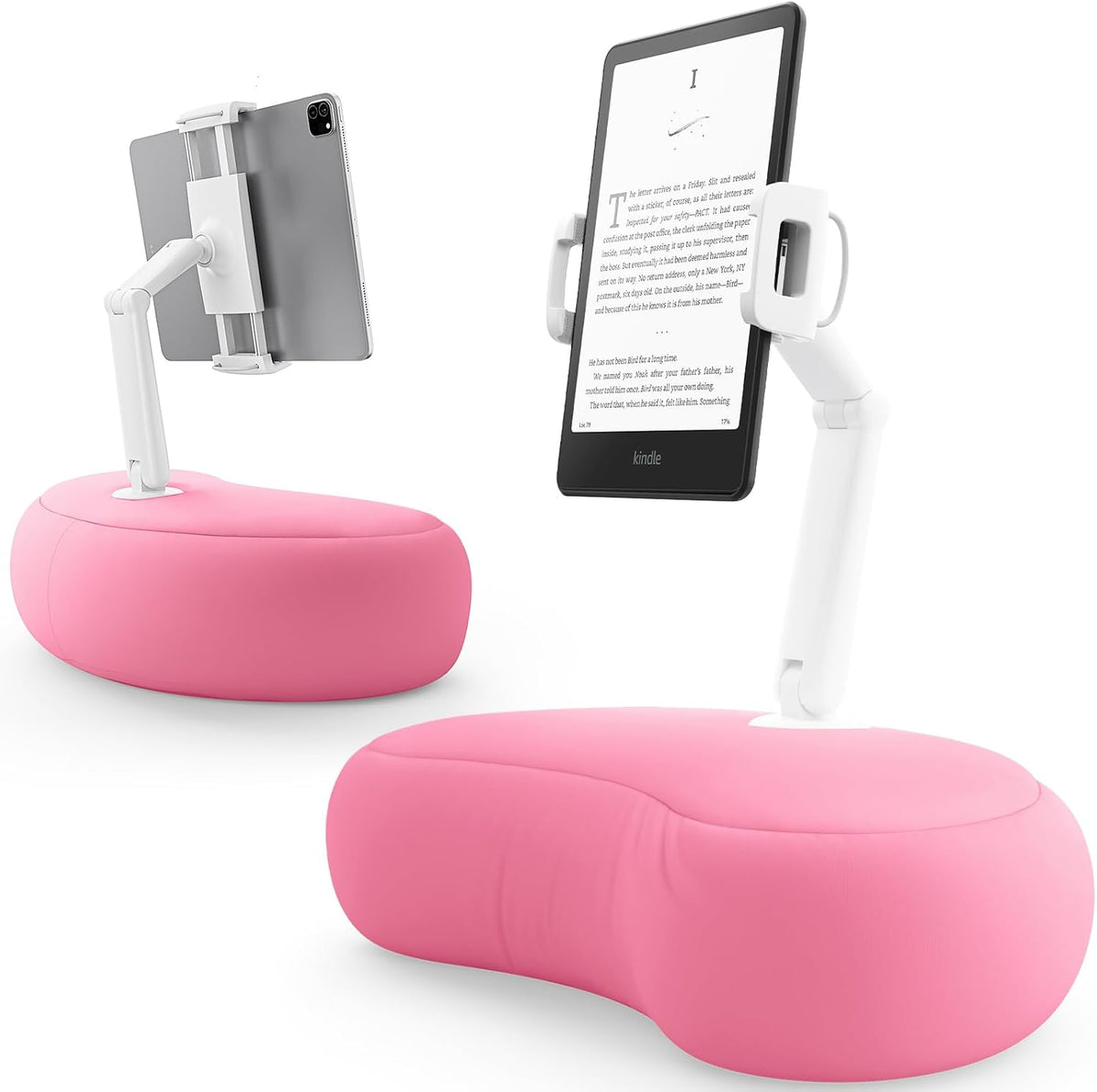 SAIJI Kindle Pillow Stand, iPad Stand Compatible with 4.7”-15.6” Kindle, Phone, iPad, 360° Adjustable Tablet Holder for Bed with Flexible Dual Axis Arm and Microbead Cushion (Pink)