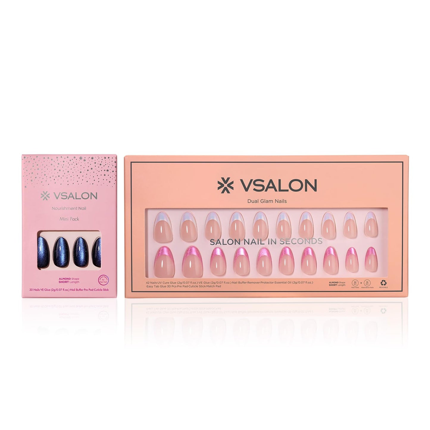 VSALON Press on Nails Short Almond - Deep Blue Cat Eye & Hot Pink & White Glazed French Tip
