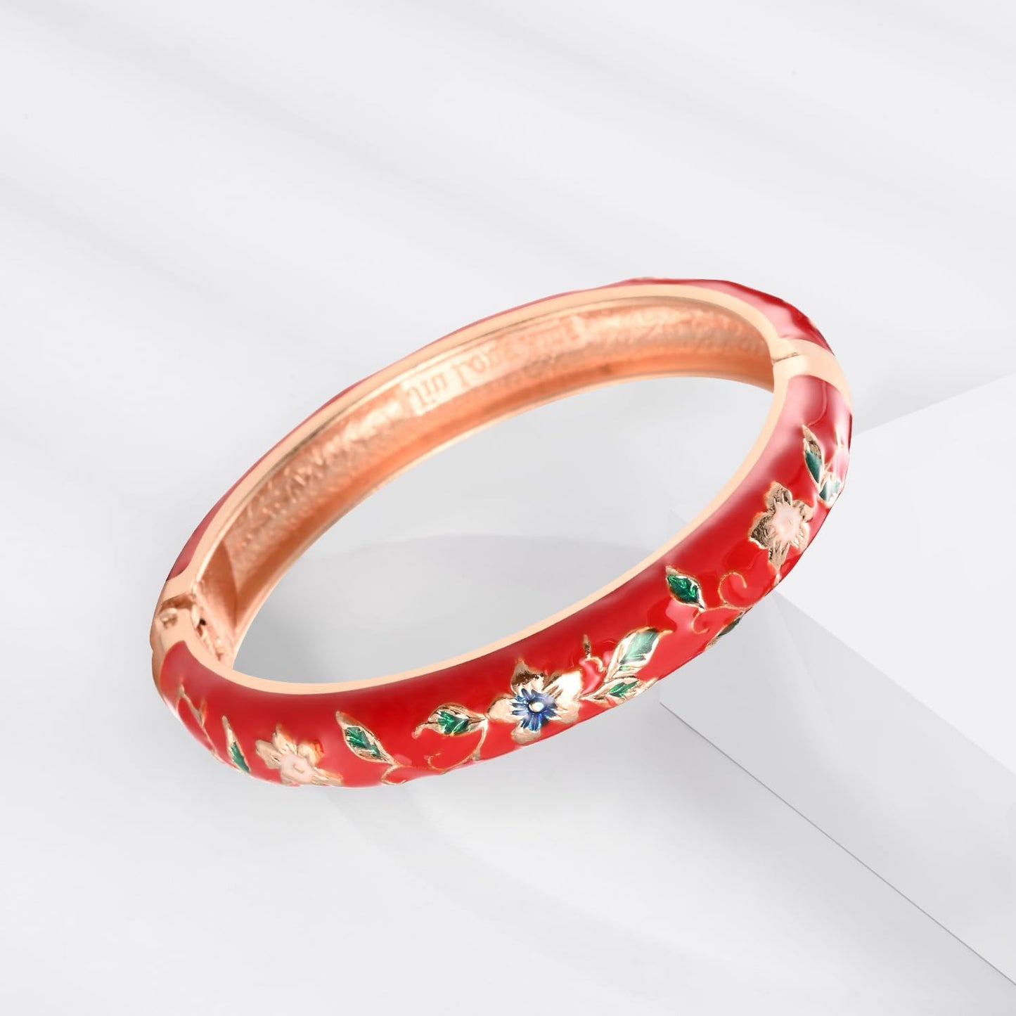 UJOY Womens Enameled Cloisonne Bracelet Gold Plated Flower Enameled Hinged Cuff Bangles Jewelry Gift 55A-3PCS red