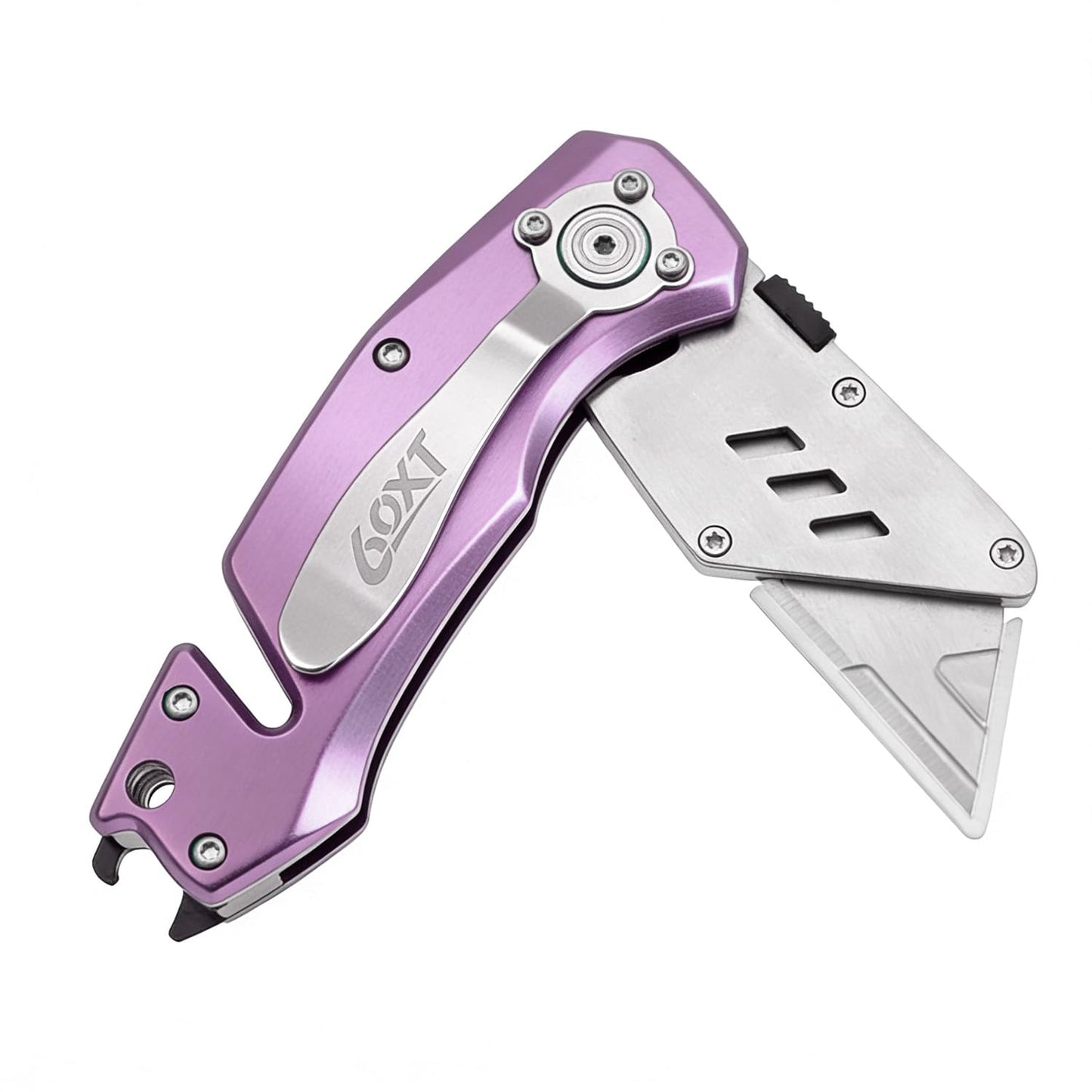 Utility Knife Folding Safety Lock Quick Change with 10 Extra SK5 Replacement Blade Lightweight Aluminum Handle & Pocket Clip Multi-Use Box Cutter Office Home Art Diy Great Gift Choice (UPG.V.Purple)