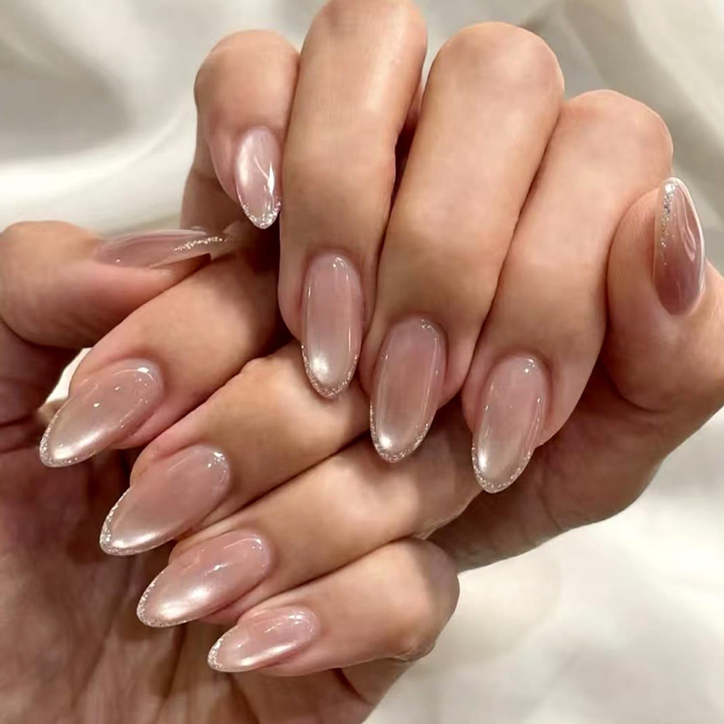 24PCS Soft Gel Press On Nails Almond Nude Pink with Subtle Glitter French Tip, Natural Glossy Glue On Nails, Reusable Fake Nails for Women