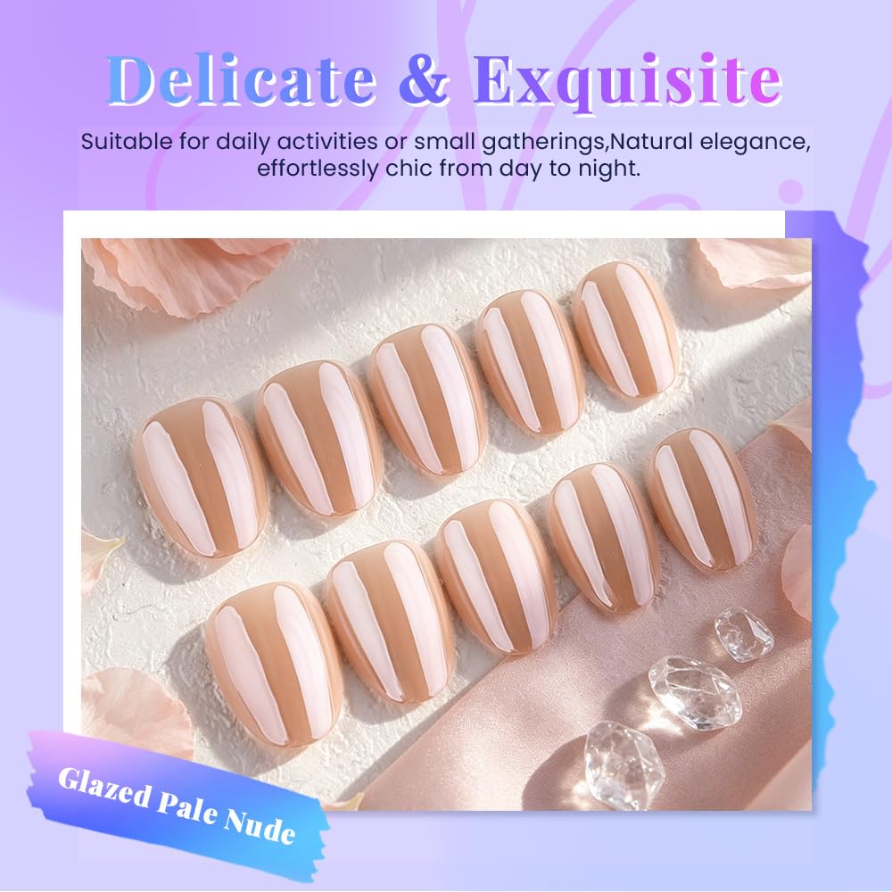 evpct Pale Nude Glazed Press on Nails Short Oval, Short Oval Chrome Metallic Aurora Stick on Nail for Women, Reusable Full Cover Soft Press on Fake Nail Perfectly Fit with Glazed Design Salon Quality