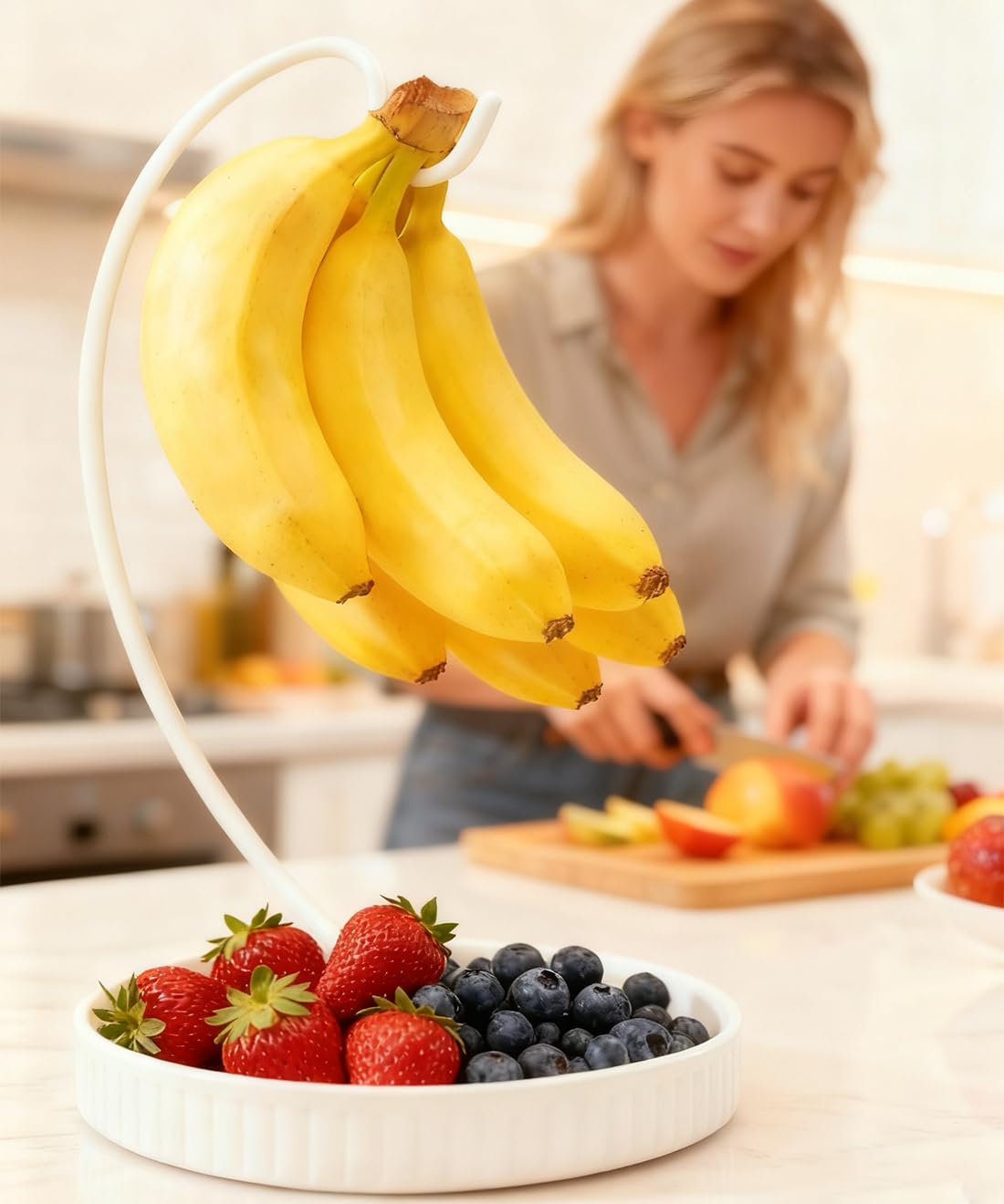 VROOMIUM Banana Holder Stand - Taller Design for Better Air Circulation, Ceramic Bowl Easy to Clean, Modern Elegant Gift Home Décor Fruit Basket-White