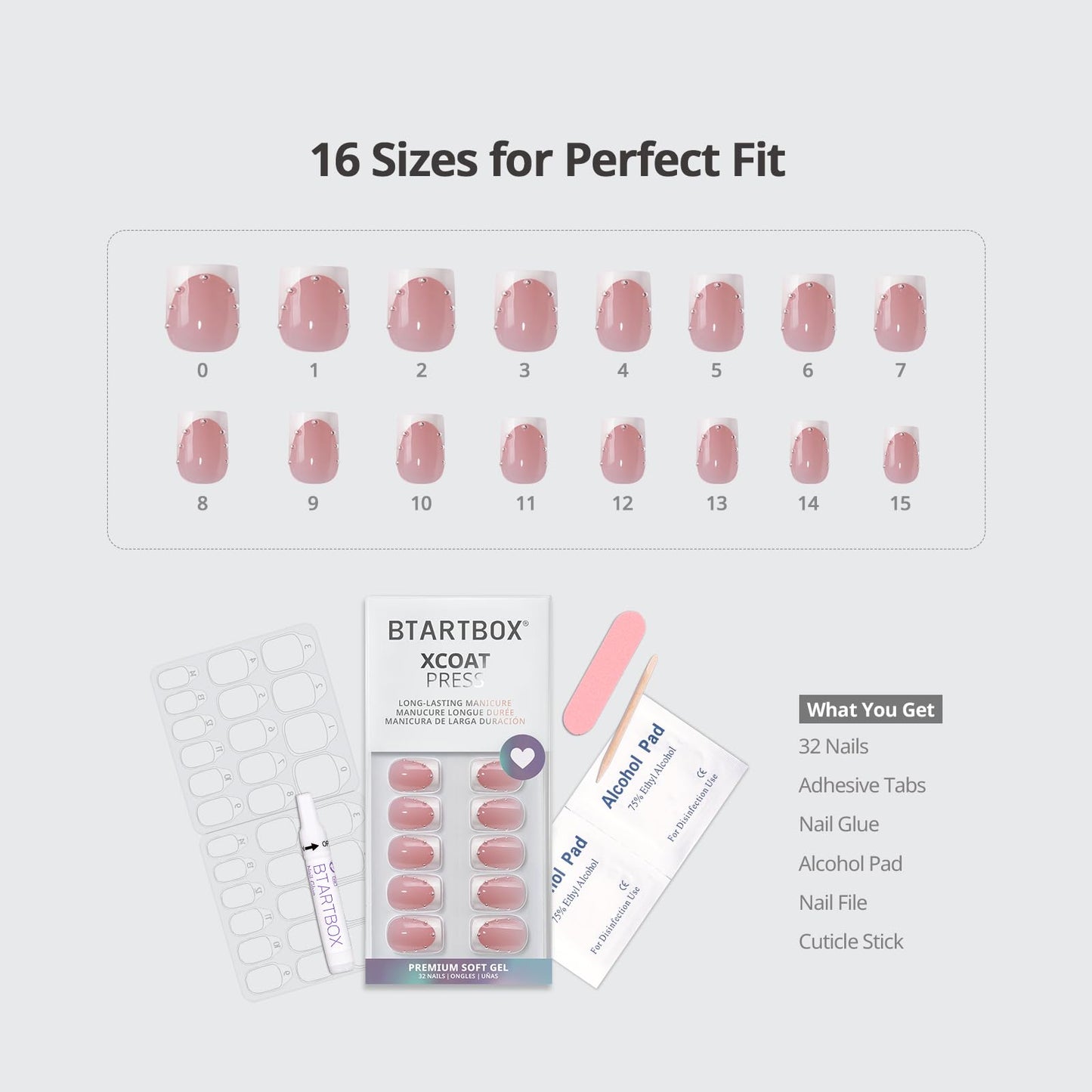 BTArtbox French Tip Press On Nails - Steadfast Vow, Lamp-Curable 4-Week Wear Pink Short Square Press On Nails with Glue and Adhesive Tabs, Easy-to-Apply in 16 Sizes - 32 Nails All-in-One Kit