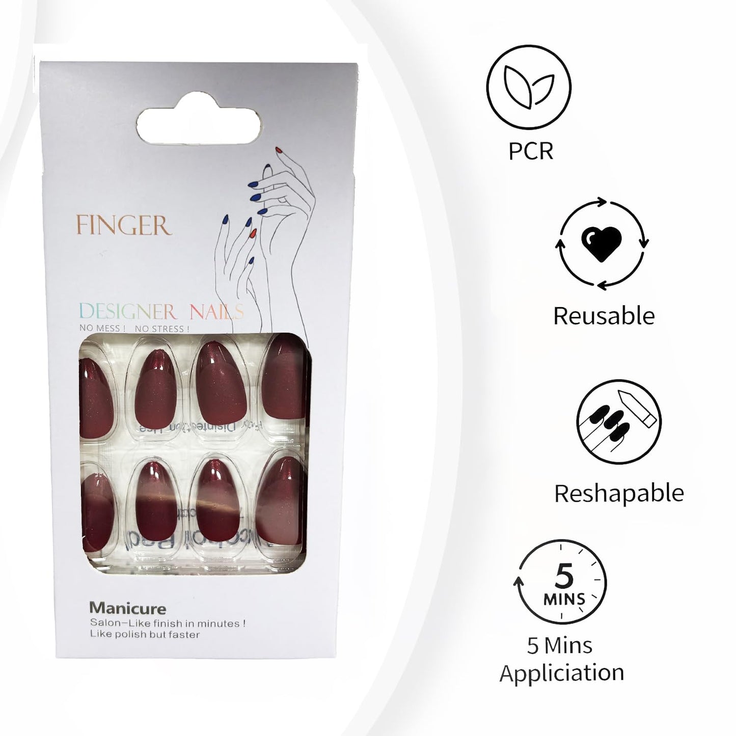 Press On Nails Short Almond Dark Red Nails with Glossy French Tips in a Matte Finish 16 Sizes - 32 Nail Kit with Glue
