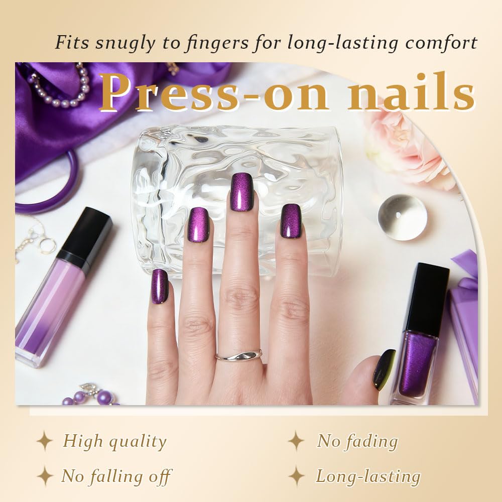 evpct Purple Cat Eye Press on Nails Short Square, Short Square Stick on Fake Nails for Women Gift, Dark Purple Metallic Glitter Glossy Reusable Soft Gel Stick Press on Acrylic False Nail with Designs