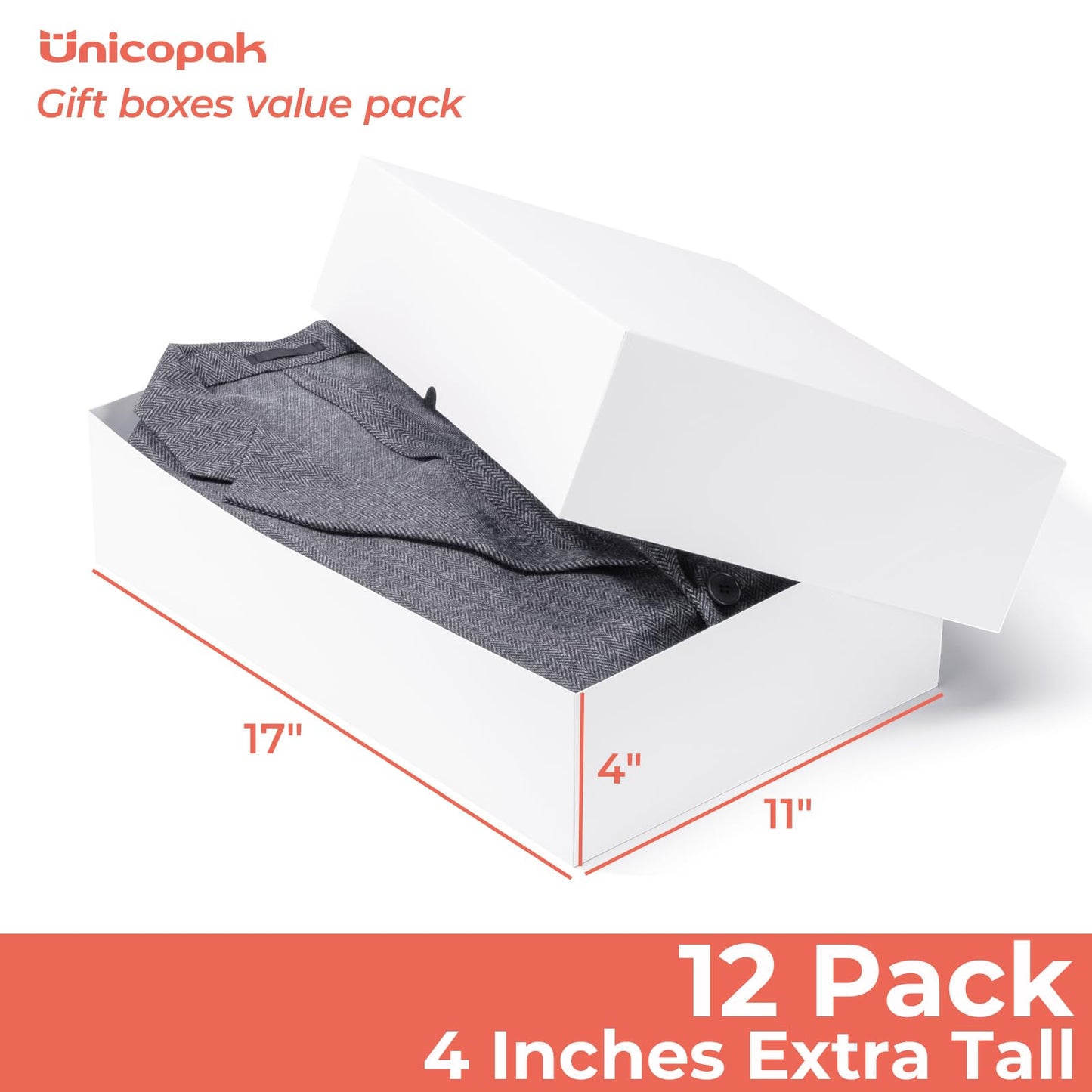 UnicoPak 12 Pack XLarge White Gift Boxes with Lids for Presents, 4-inch Deep Robe Boxes, 17x11x4 Inches