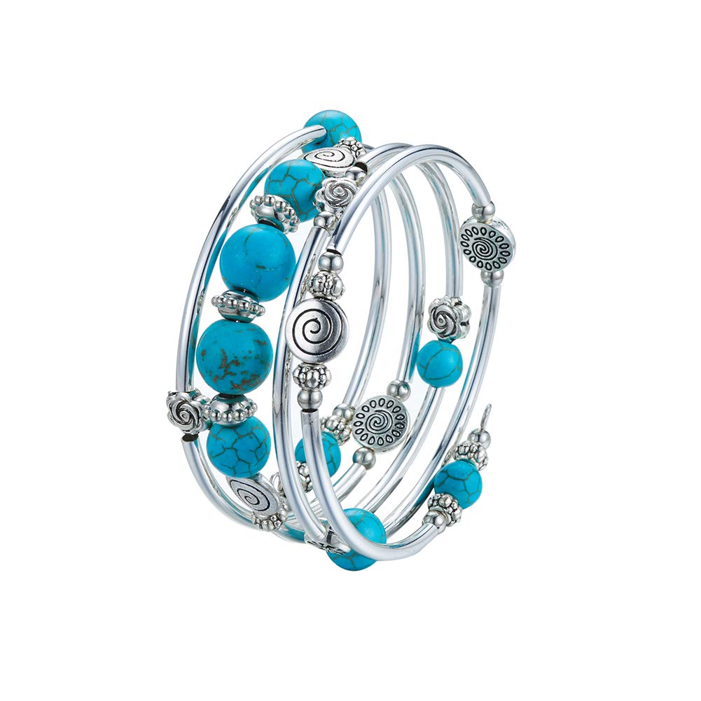 BULINLIN Bead Wrap Bangle Pearl Bracelet - Silver Metal Bracelet Gifts For Women(02-Turquoise)