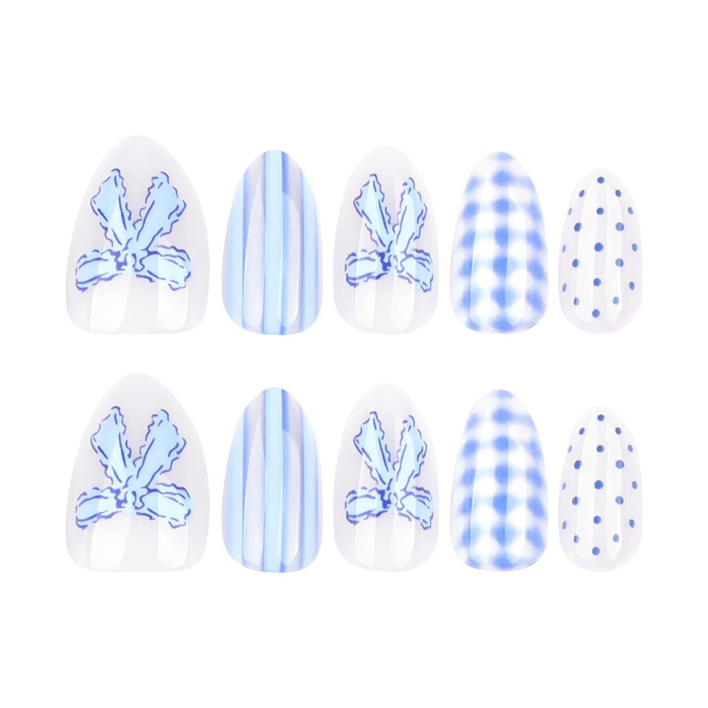 LWTZLW Polka Dots Press on Nails Short Almond False Nails with Bow Plaid Stripes Design Full Cover Glue on Nail Blue Summer Reusable Acrylic Fake Nails Glossy Artificial Stick on Nail for Women