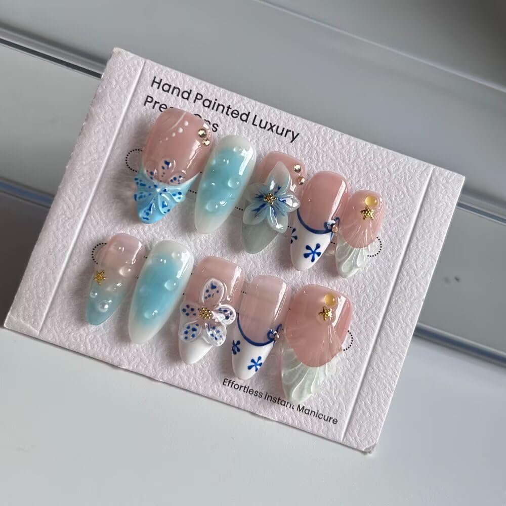 Handmade Acrylic Press On Nails Almond, 3D Press On Nails Medium Fasle Nails, Blue Floral Nails French Tip For Women, Reusable Stick On Fake Nails Kit With Nail File (Size S）