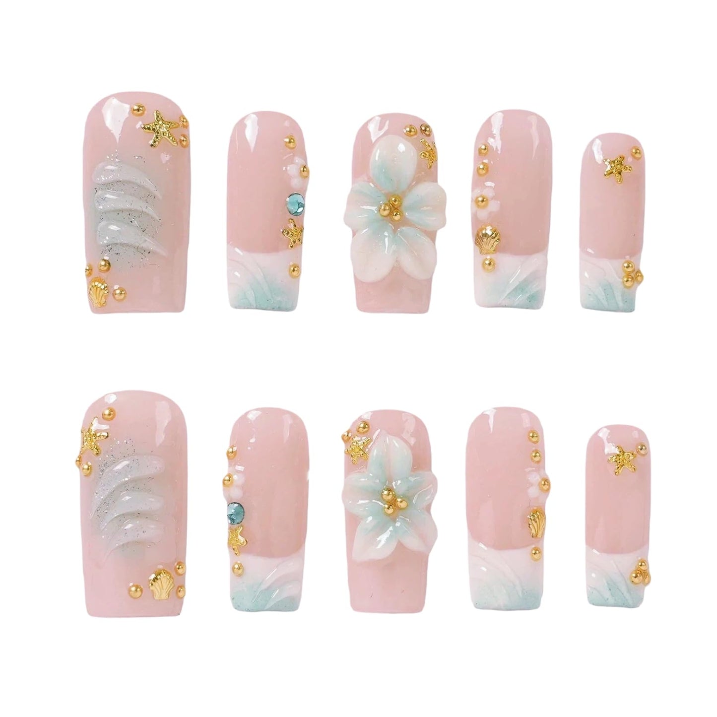 Tesytto Handmade Press on Nails Coffin Shape Glossy Reusable False Nails for Nail Art (Coastal Island Bloom, S)