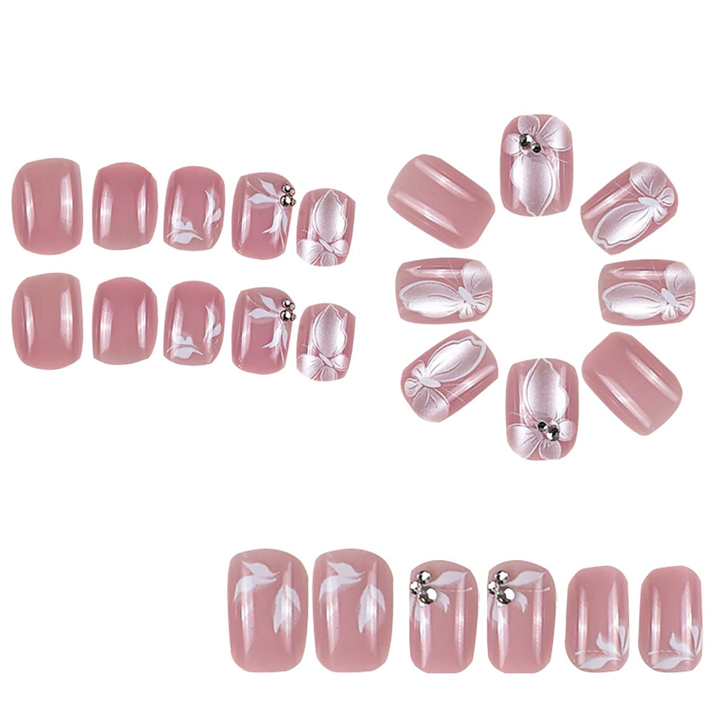 24Pcs Short Press on Nails RTKHFZE Pink Fake Nails with White Butterfly and Rhinestones Designs Press Ons False Nails Square Full Cover Acrylic Nails Stick on Nail for Women and Girls