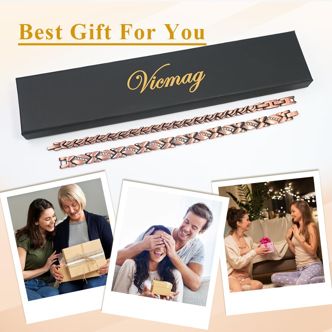 Vicmag 2PCS Copper Magnetic Bracelet for Women 99.9% Solid Pure Copper Strong Magnets Jewelry Gift Adjustable Length