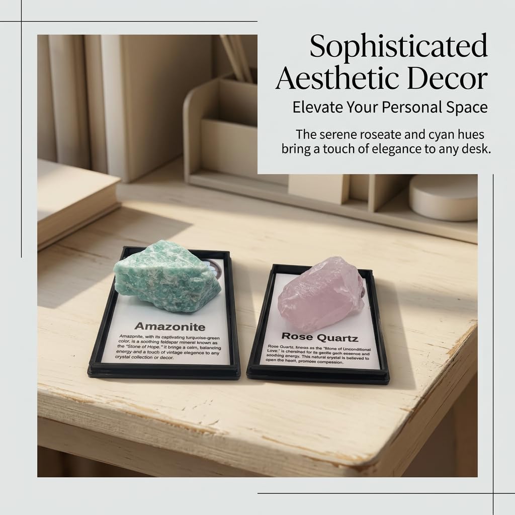 6 Pcs Natural Gemstone Specimens Set, Includes Tiger Eye, Amazonite, Lapis Lazuli, Amethyst, Rose Quartz & Obsidian, Comes with Acrylic Display Case with Removable Lid
