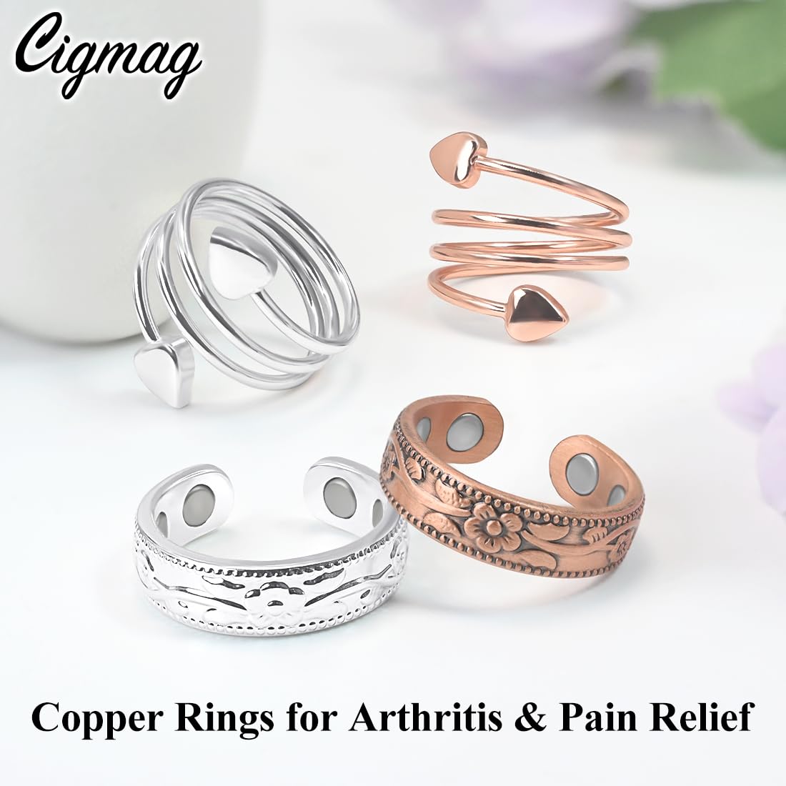 Cigmag 4PCS Copper Rings for Women, Magnetic Rings Strong Magnets Pure Copper, Adjustable
