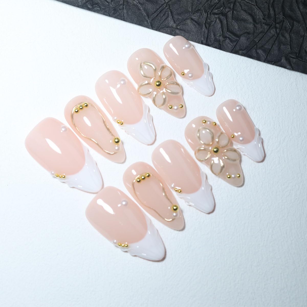 10Pcs Medium Almond Handmade Press On Nails | Easy Apply & Remove, Reusable Salon Quality Nails | Elegant Nude Fake Nails with 3D Floral, Wave French Tip & Pearl Gold Bead Accents(5U13, M)